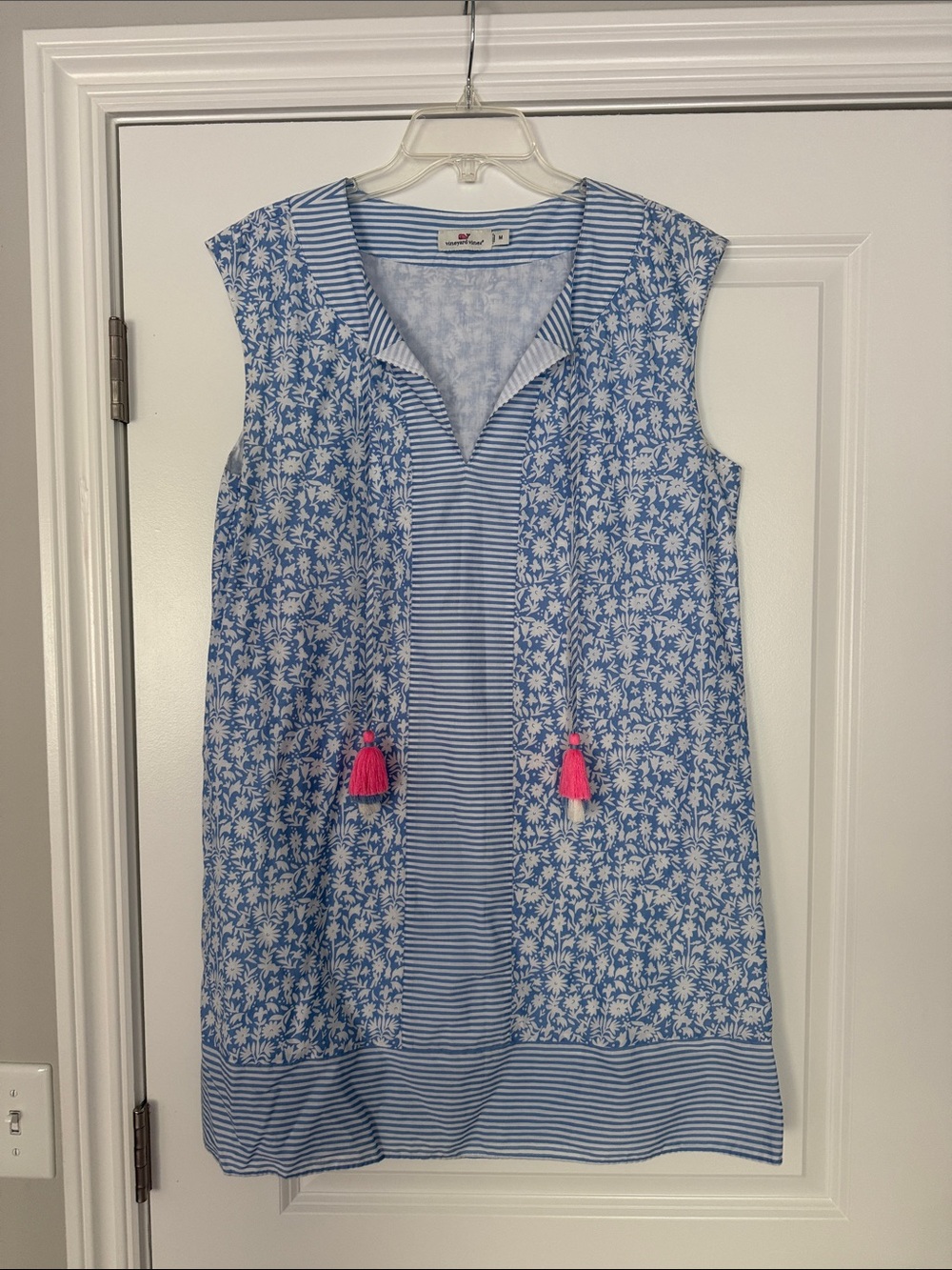 Vineyard Vines Blue Floral & Stripe Sleeveless Shift Dress with Pink Tassels